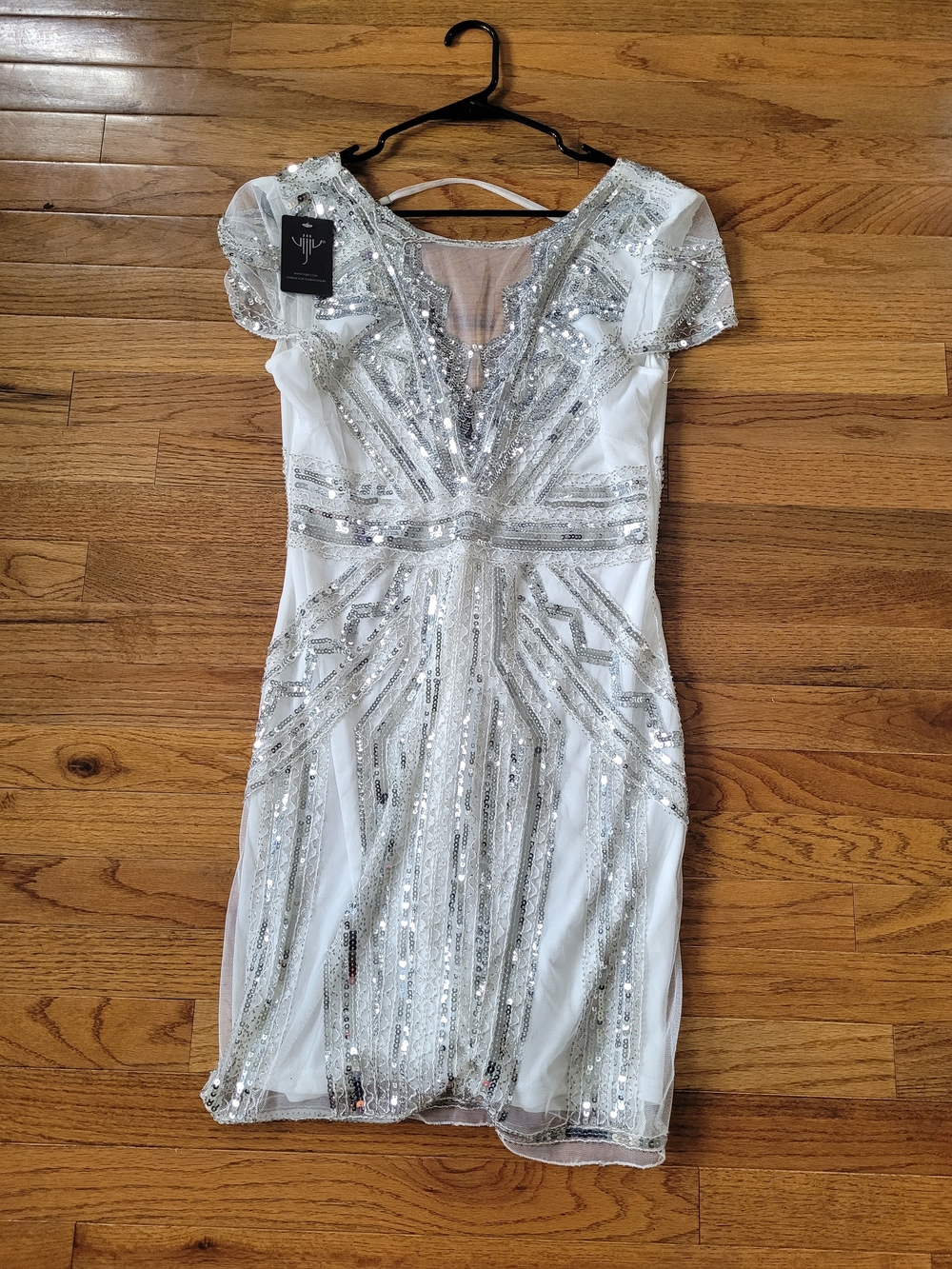 White Sequin Embellished Mini Dress with Sheer Detail - Women